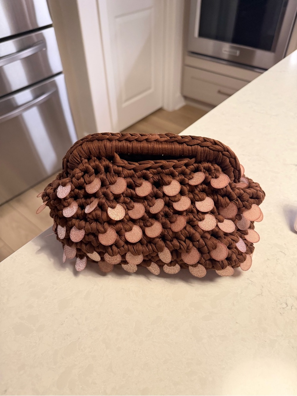 Brown Handmade Crochet Sequin Clutch | Sparkly Evening Bag | One-of-a-Kind